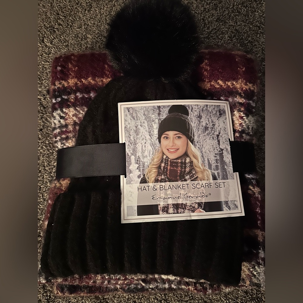 Red scarf and black beanie with puff